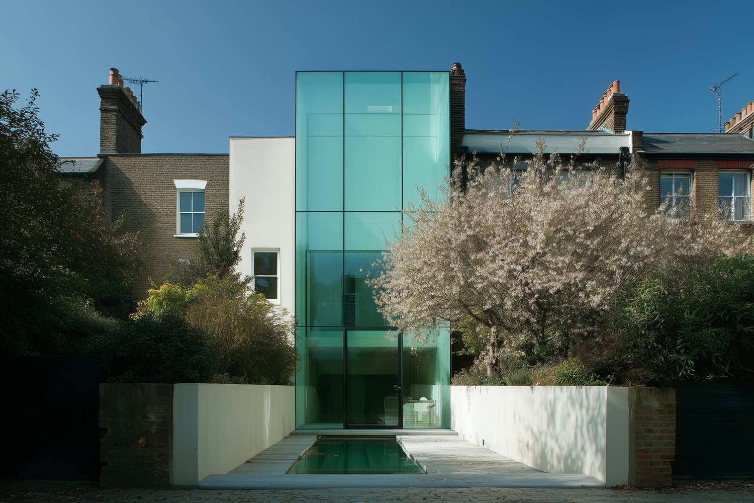 A modern glass extension between two traditional brick houses, with a small reflective pool and blooming trees.