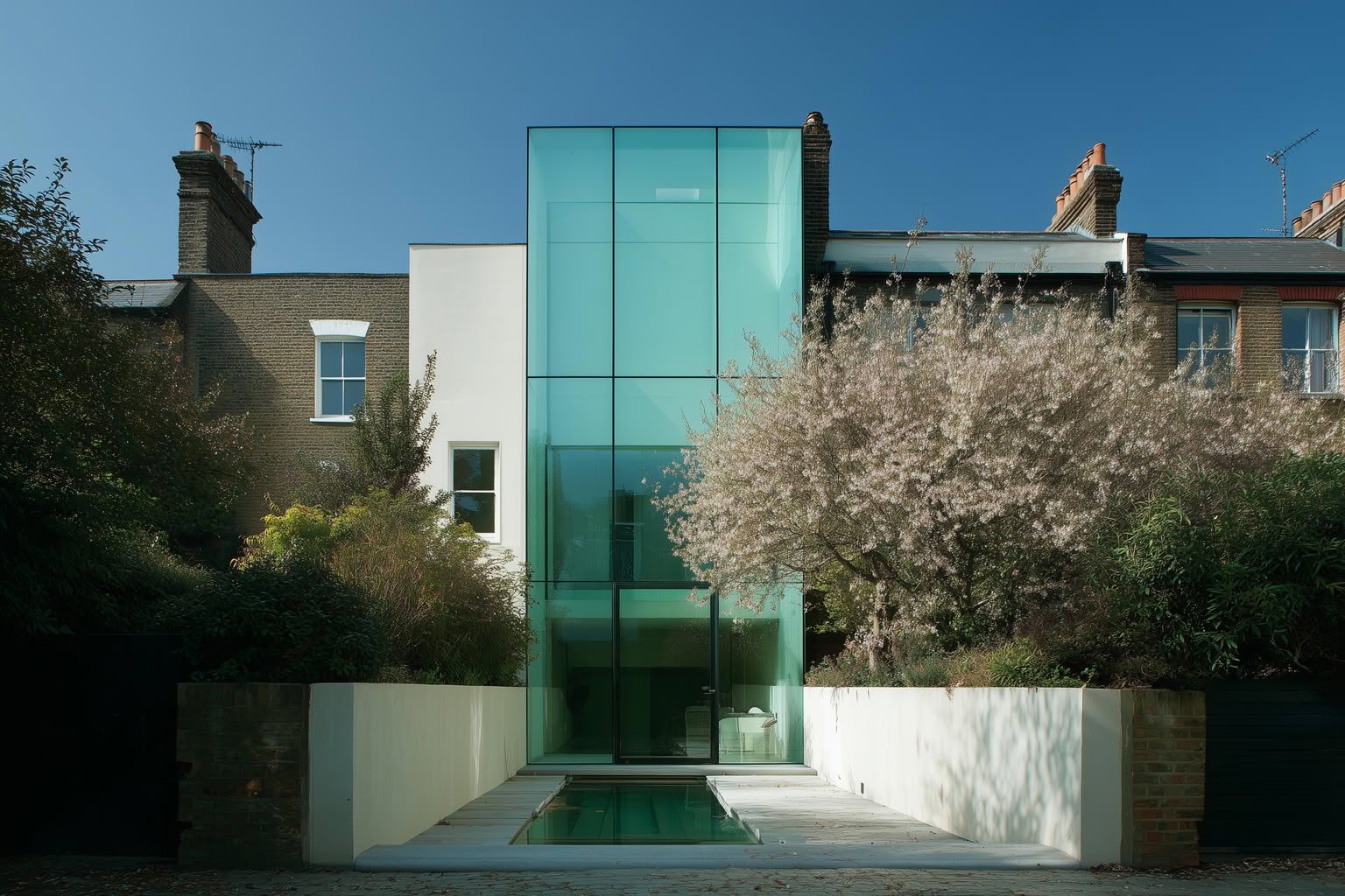 A modern glass extension between two traditional brick houses, with a small reflective pool and blooming trees.