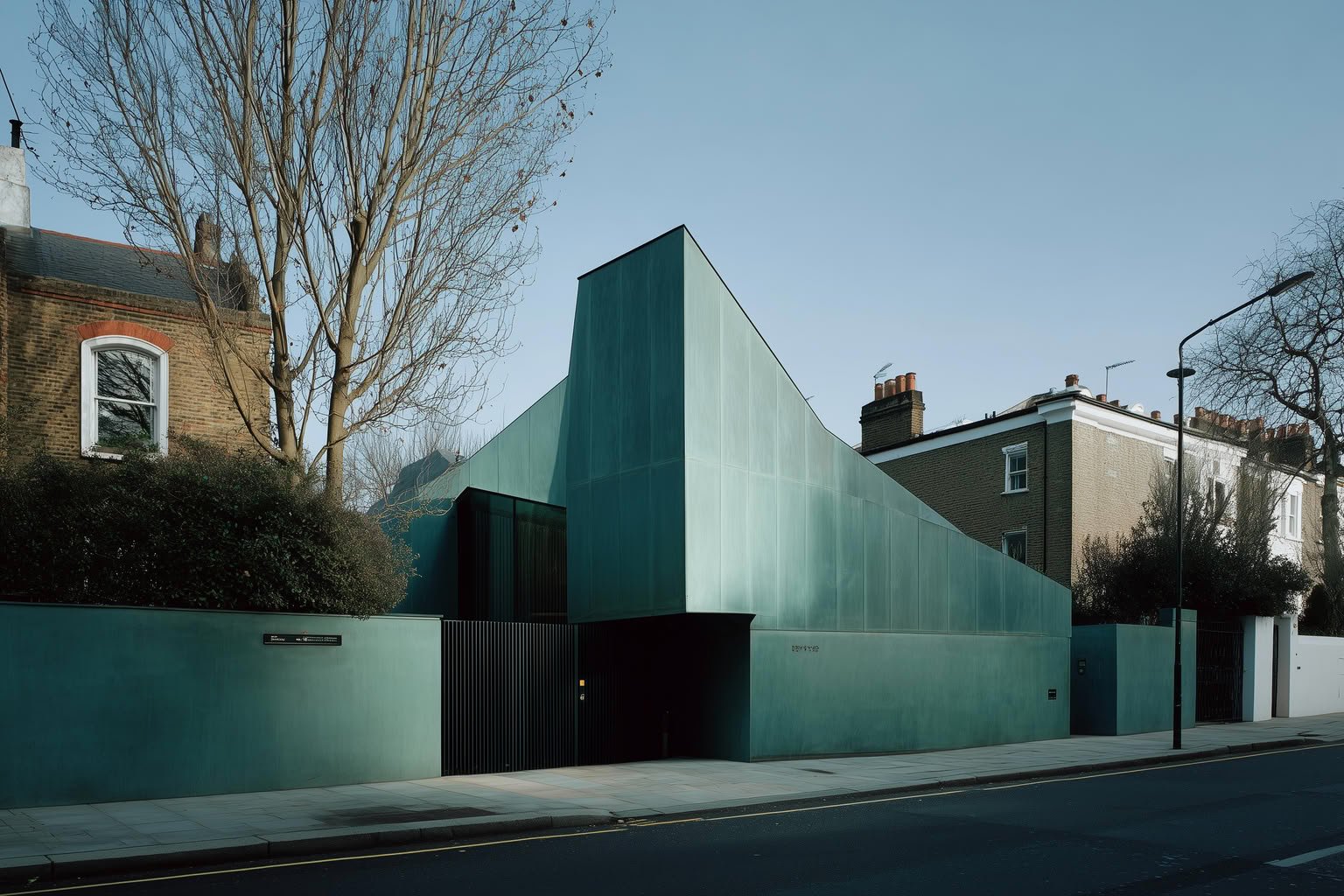 A modern building with an angular, patinated green metal facade next to traditional brick homes under a clear sky.