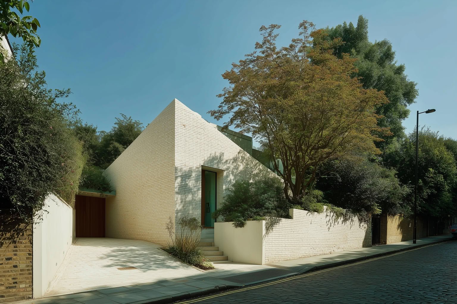 Modern house with light brick facade, peaked roof, and lush green foliage on a sunny day.