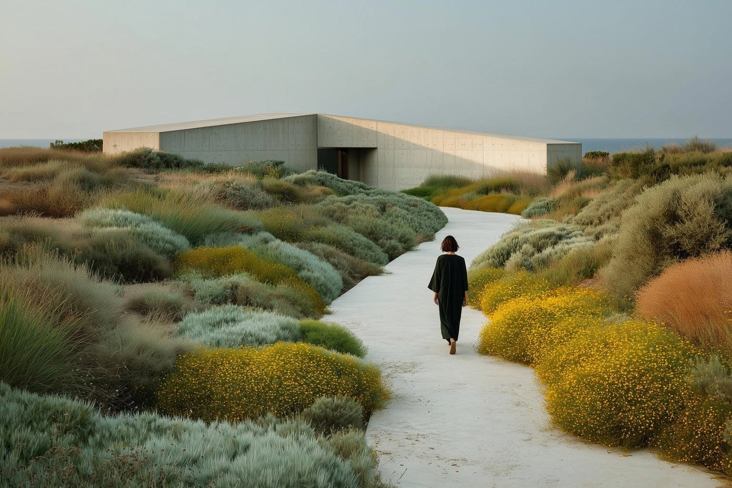 Modern concrete building, winding path, and diverse coastal vegetation near the sea.