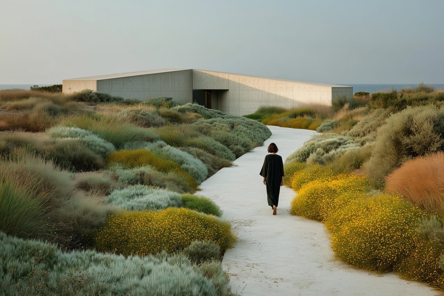 Modern concrete building, winding path, and diverse coastal vegetation near the sea.