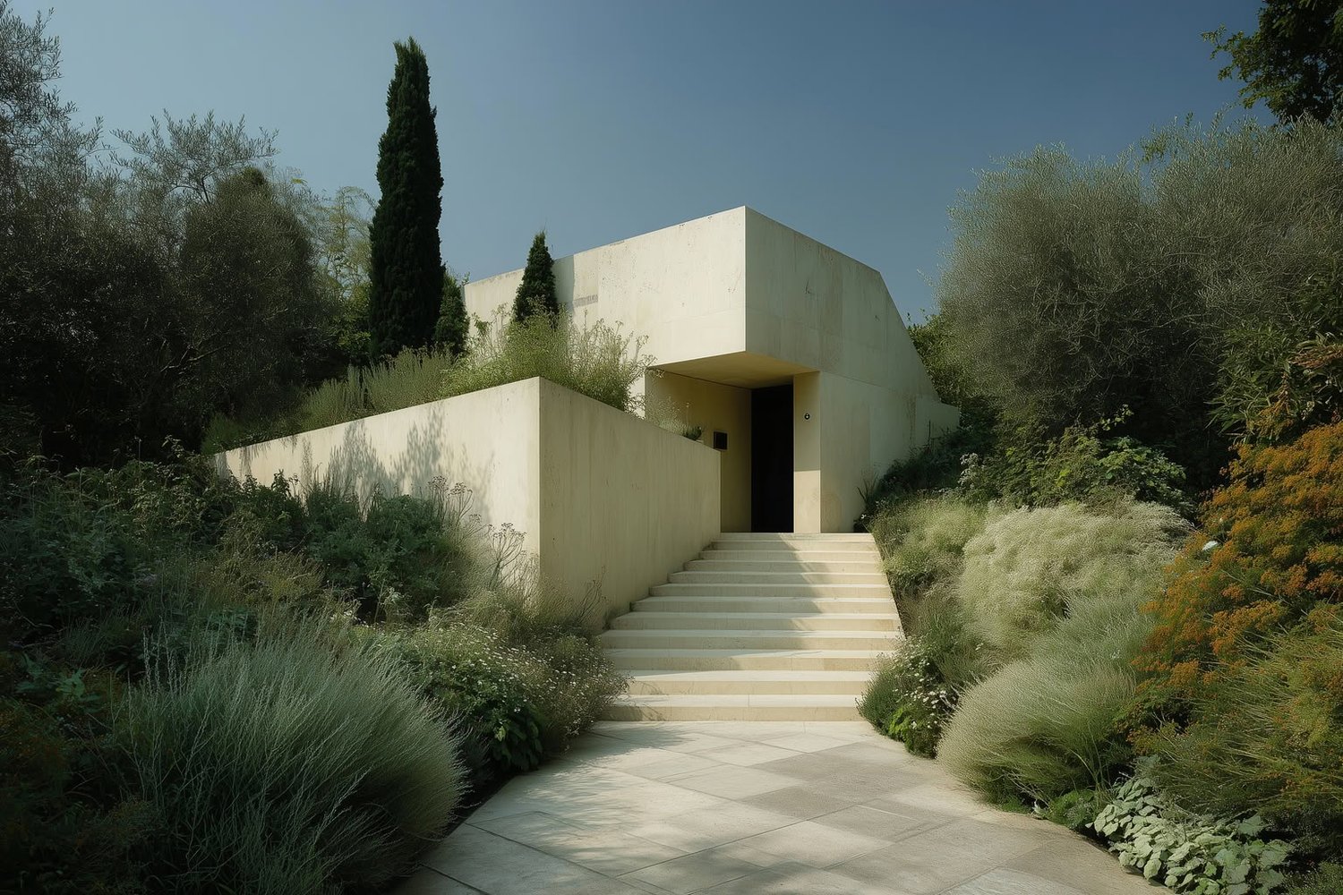 Modern cream building with long staircase, recessed entrance, and lush Mediterranean landscaping.