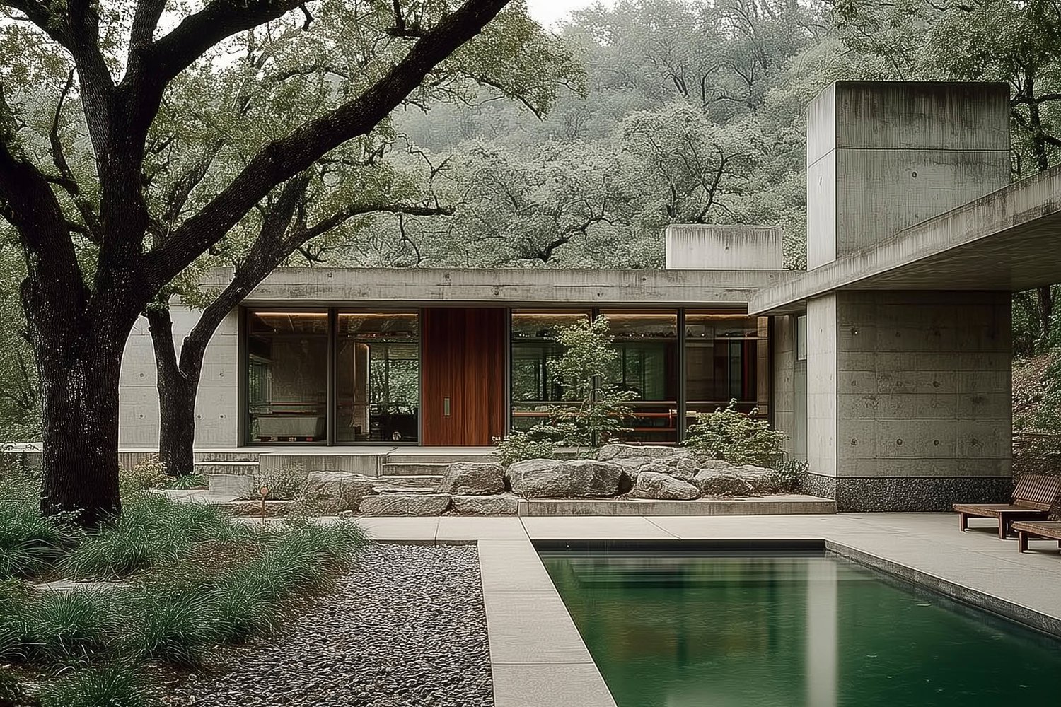 Modern concrete house with large glass windows, a dark swimming pool, and natural landscaping under mature trees.