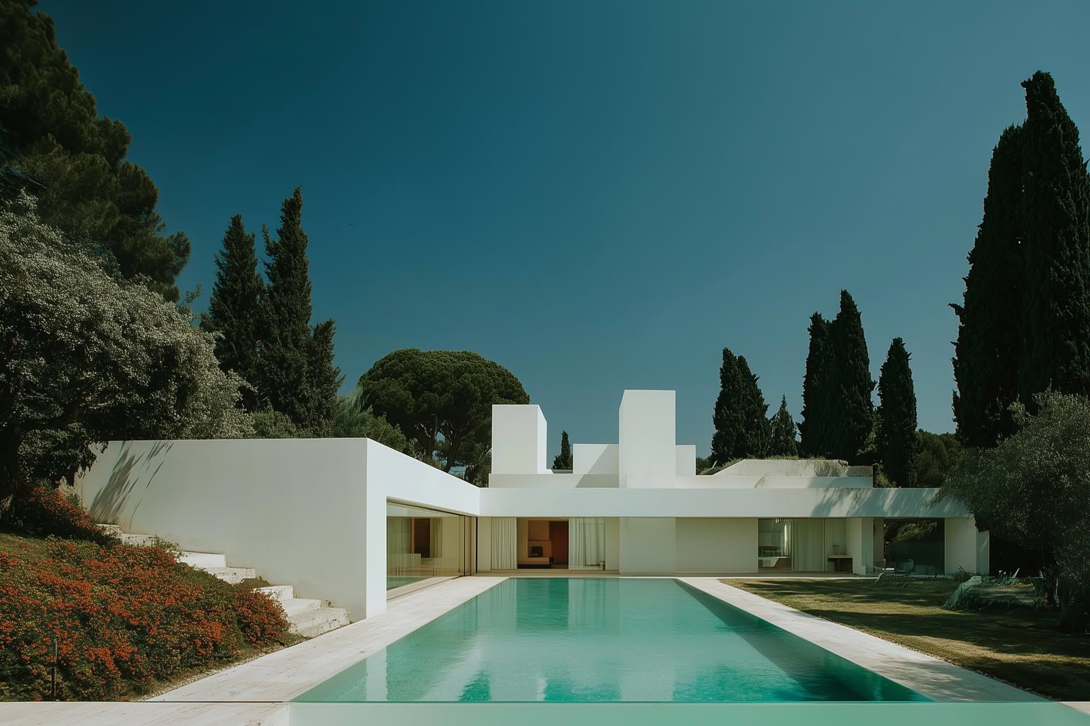 Modern white house with a long swimming pool, surrounded by green trees under a clear blue sky.