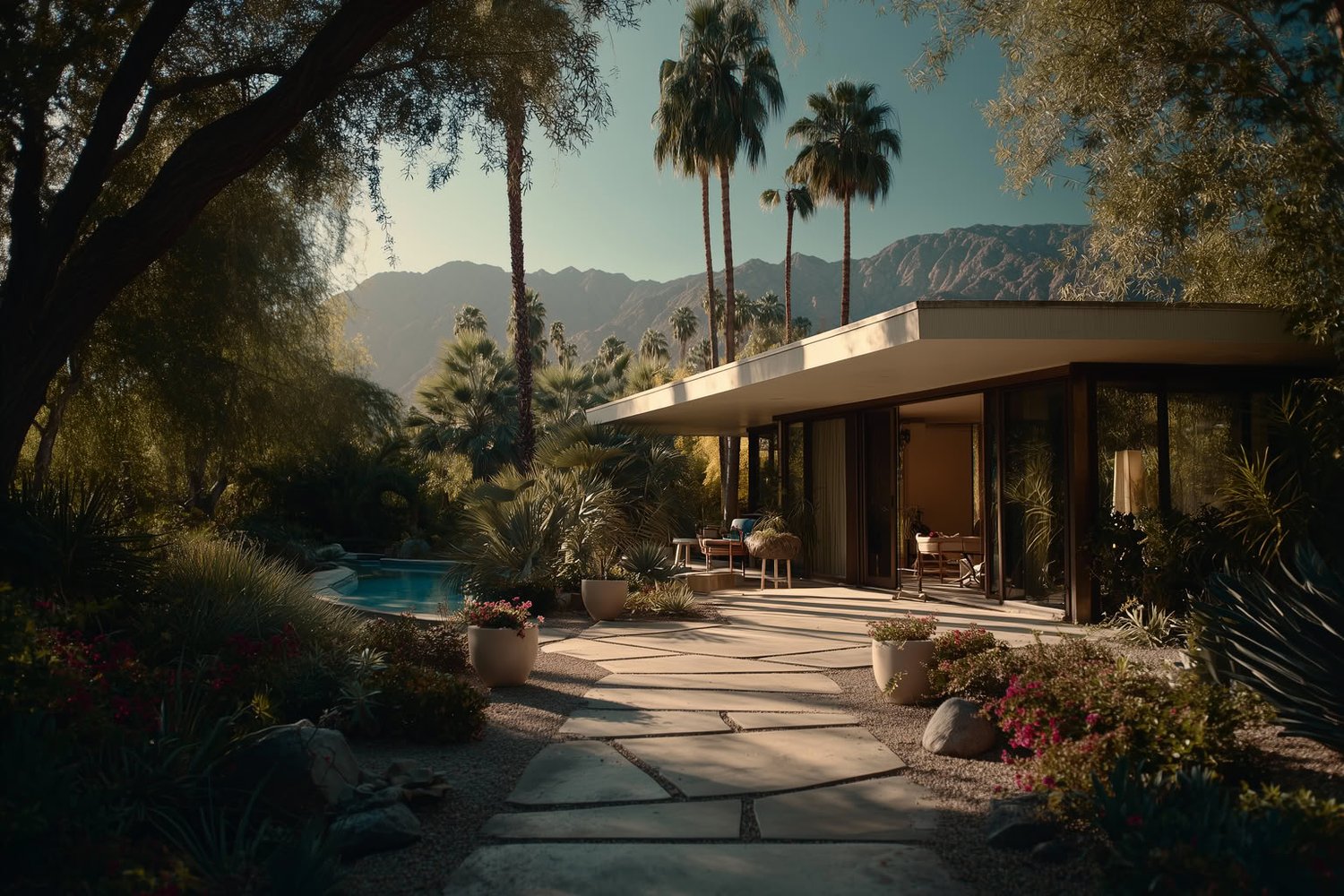 A mid-century modern house with floor-to-ceiling glass, a wide patio, swimming pool, palm trees, and distant mountains.