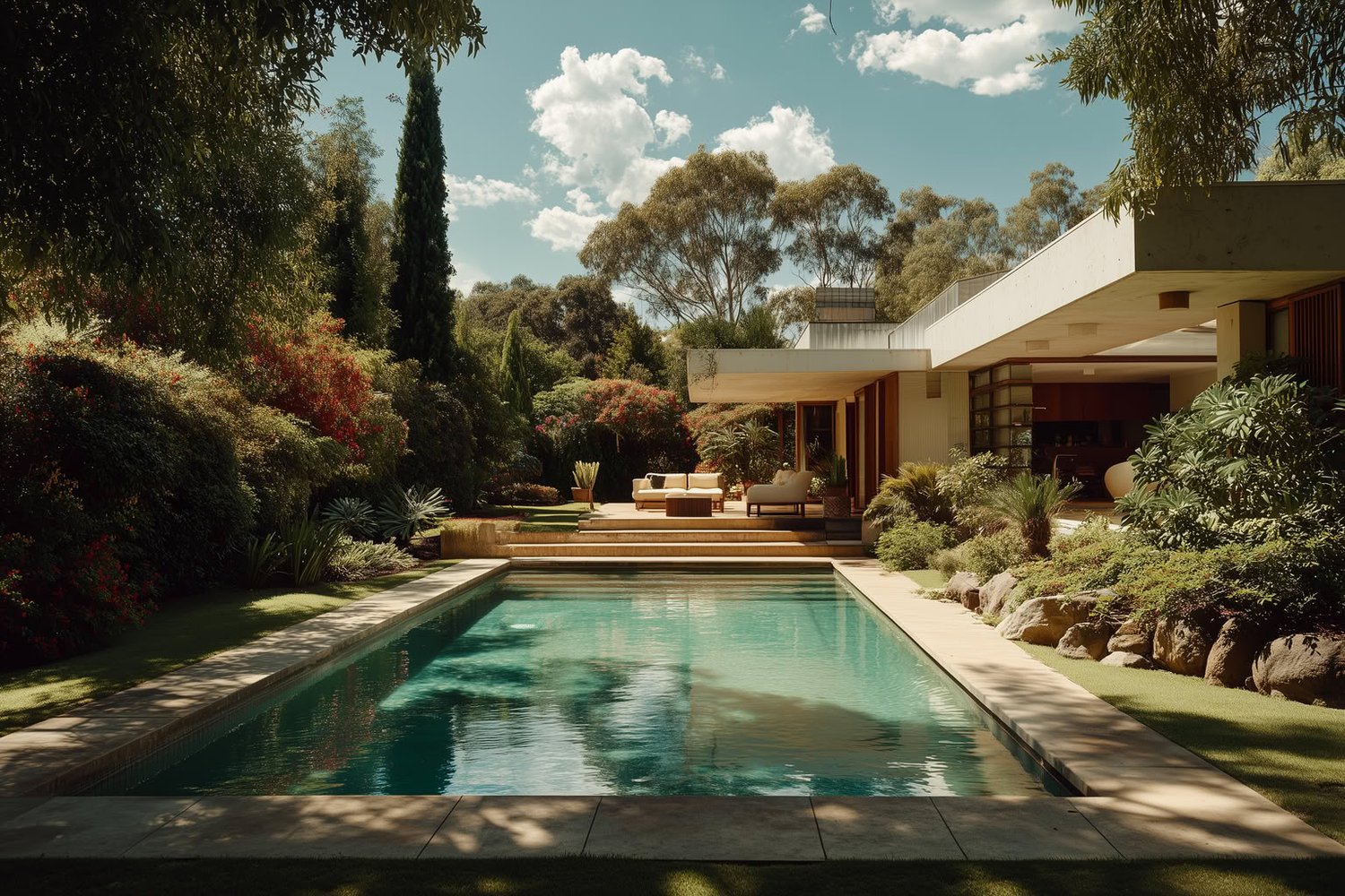 Modern house with a rectangular pool, multi-level patio, and lush garden under a bright, cloudy sky.