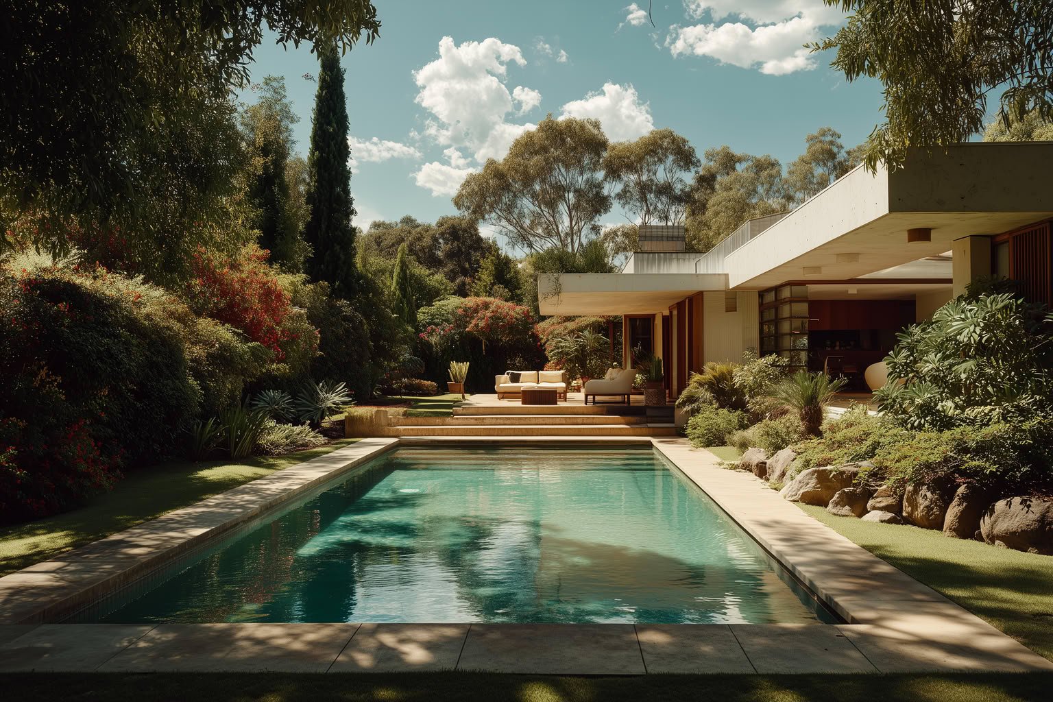 Modern house with a rectangular pool, multi-level patio, and lush garden under a bright, cloudy sky.