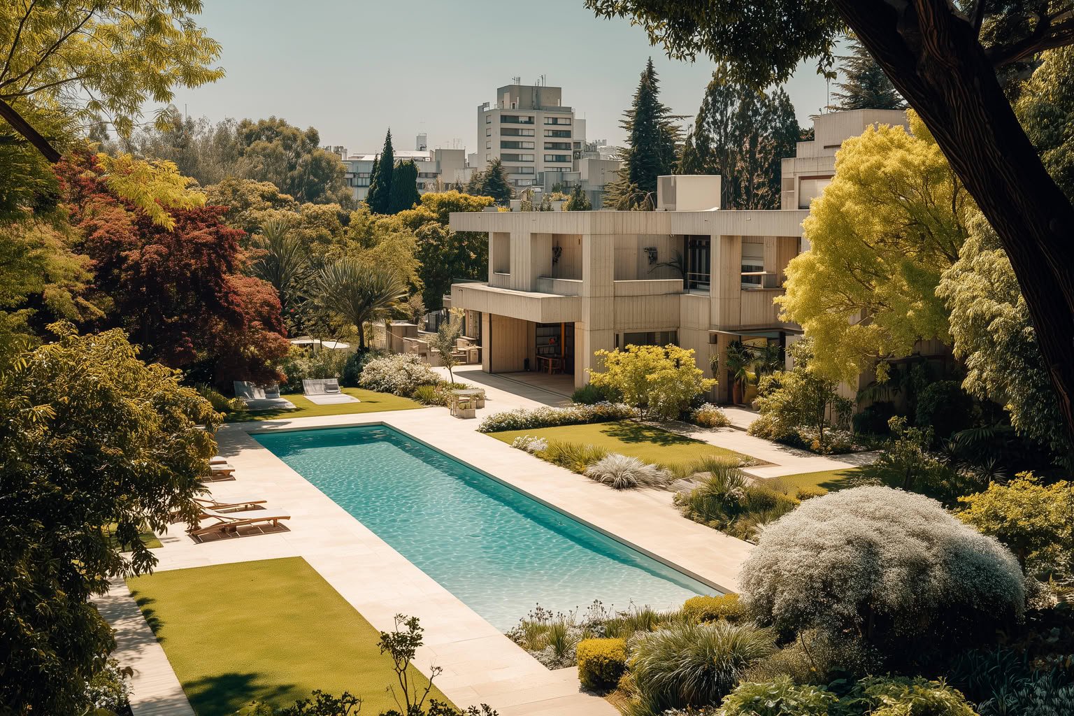 An aerial view of a modern concrete house with a long swimming pool, surrounded by lush gardens and trees under a clear sky.