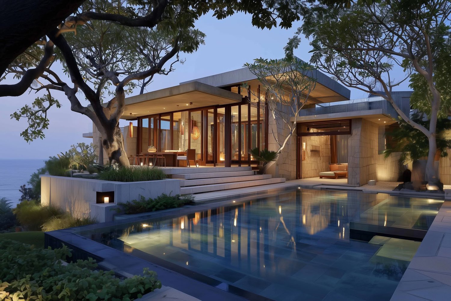 Modern stone and glass house by the ocean with illuminated pool at dusk.