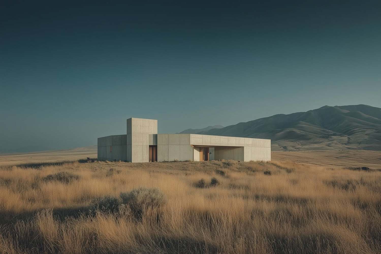 Concrete building with wooden doors in a dry, grassy field with mountains under a deep blue sky.