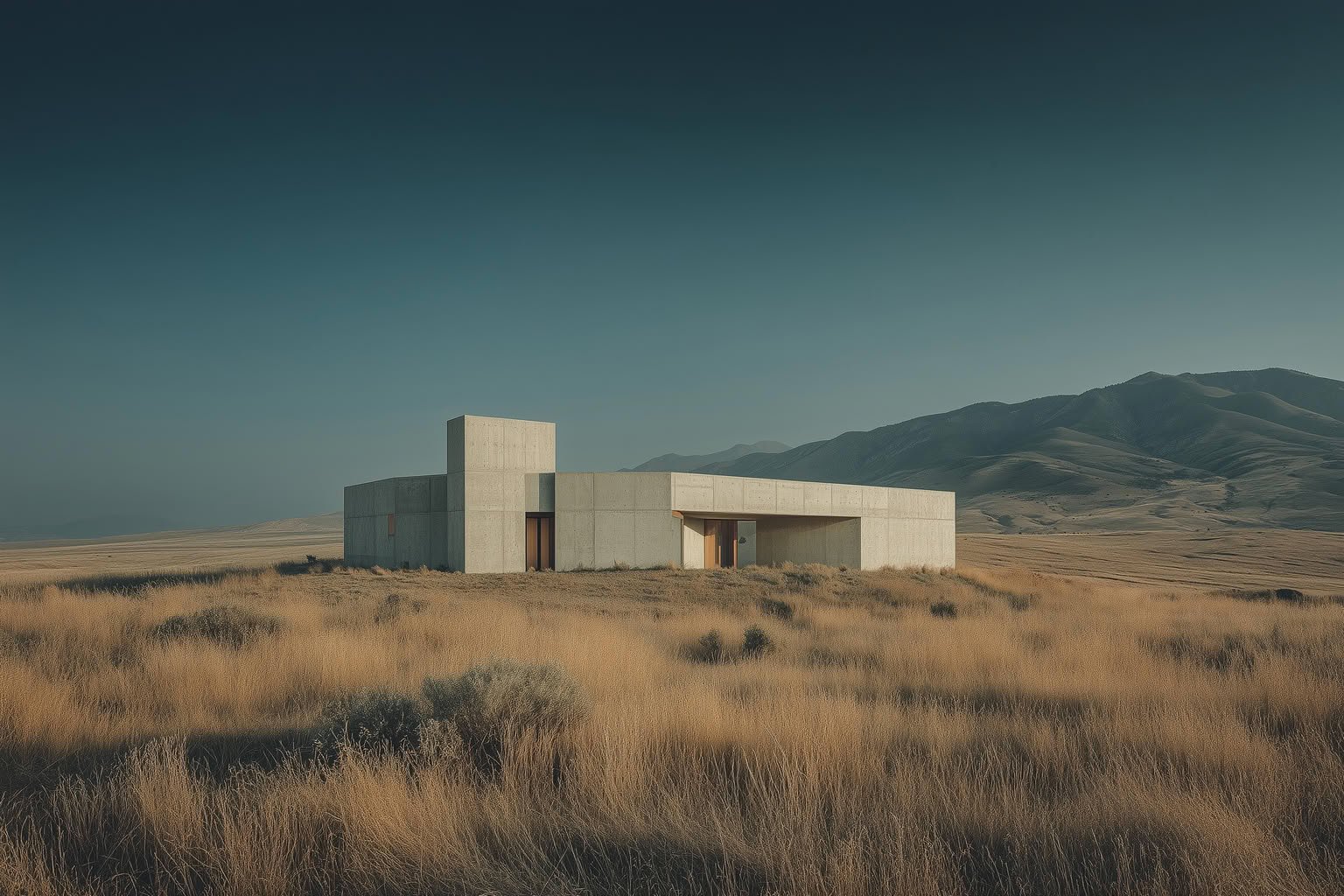 Concrete building with wooden doors in a dry, grassy field with mountains under a deep blue sky.
