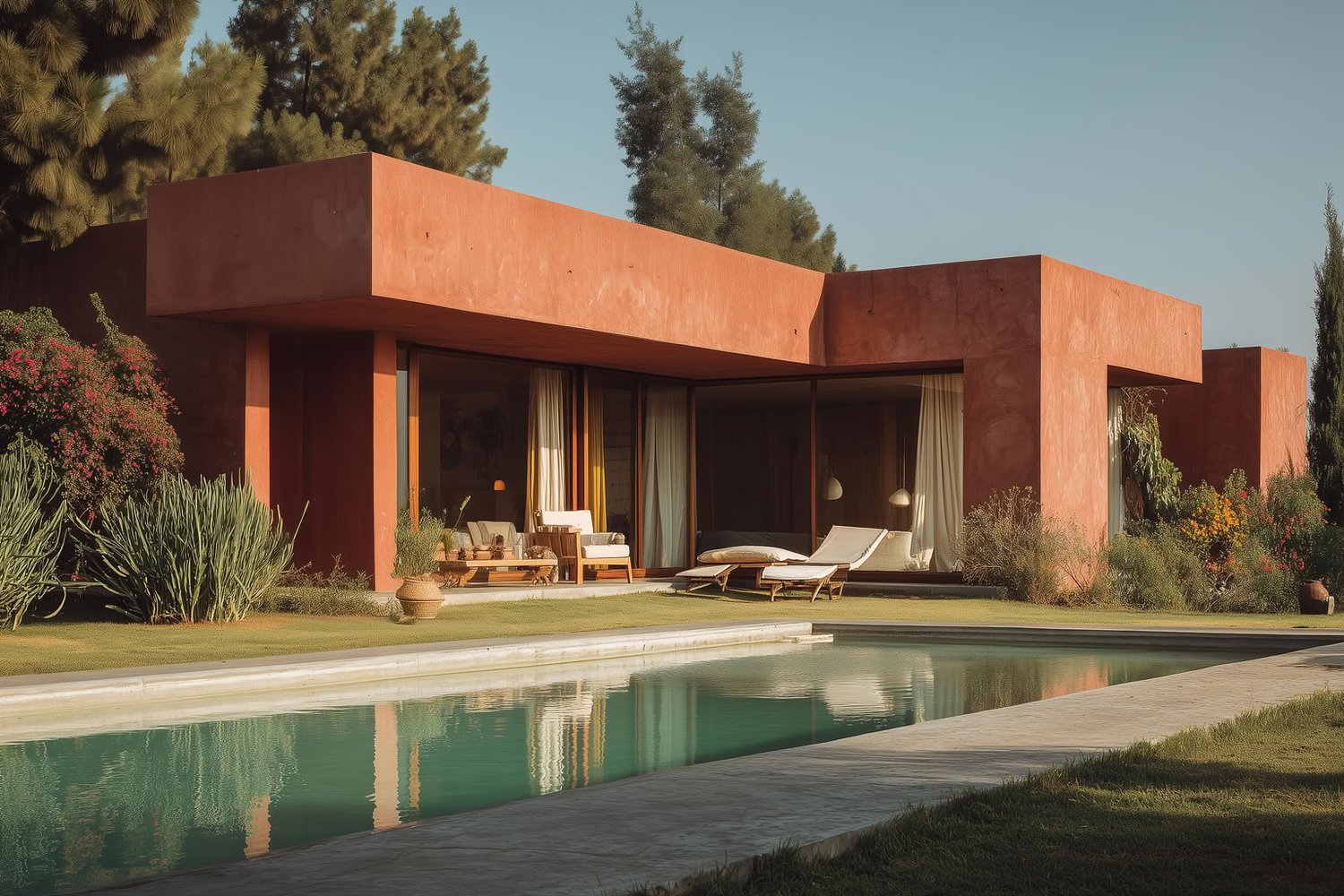 Red-hued modern house with floor-to-ceiling glass, a swimming pool, and desert-style garden under clear skies.