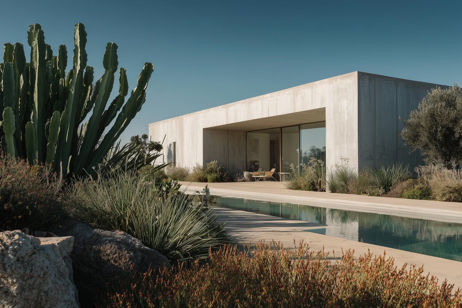 Concrete house with floor-to-ceiling glass, a pool, and large cacti under a clear blue sky.