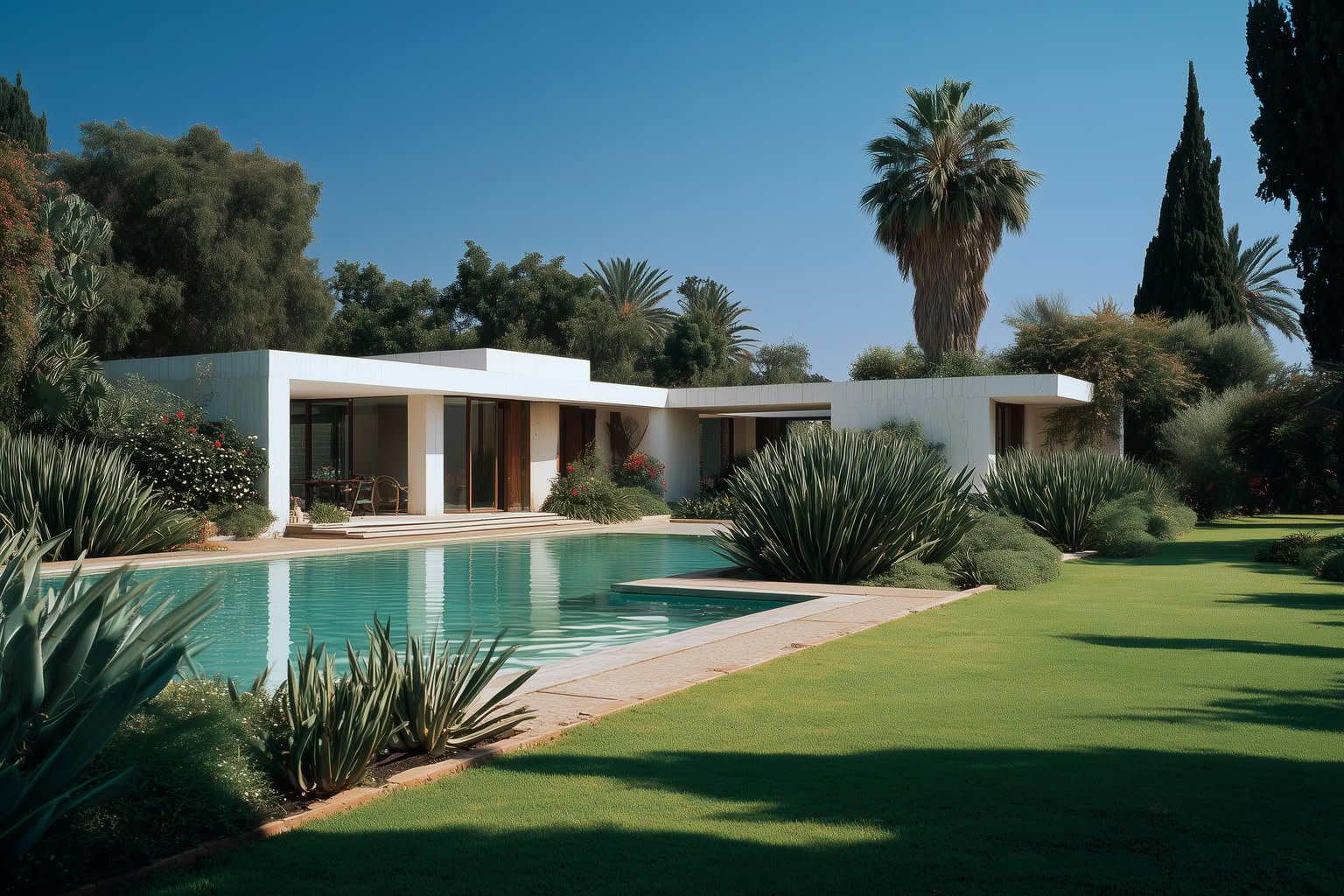 Modern white house with a swimming pool and lush green landscaping under a clear blue sky.