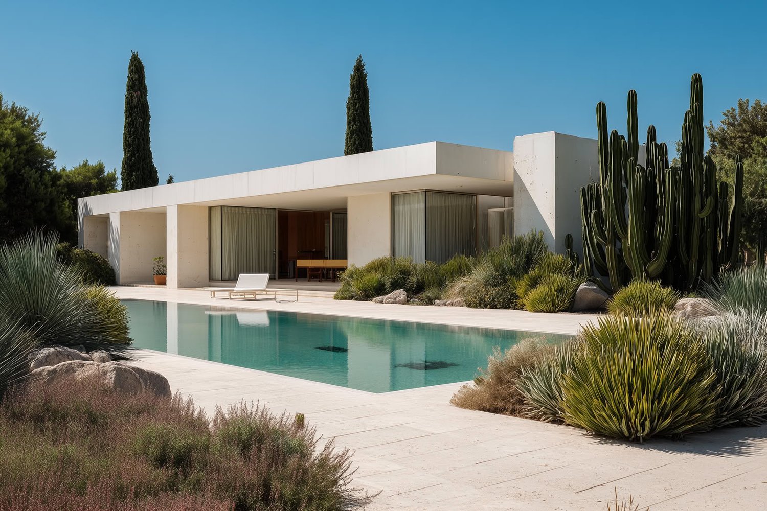 Modern white house with a flat roof, large windows, a long turquoise swimming pool, and desert-style plants under a clear blue sky.