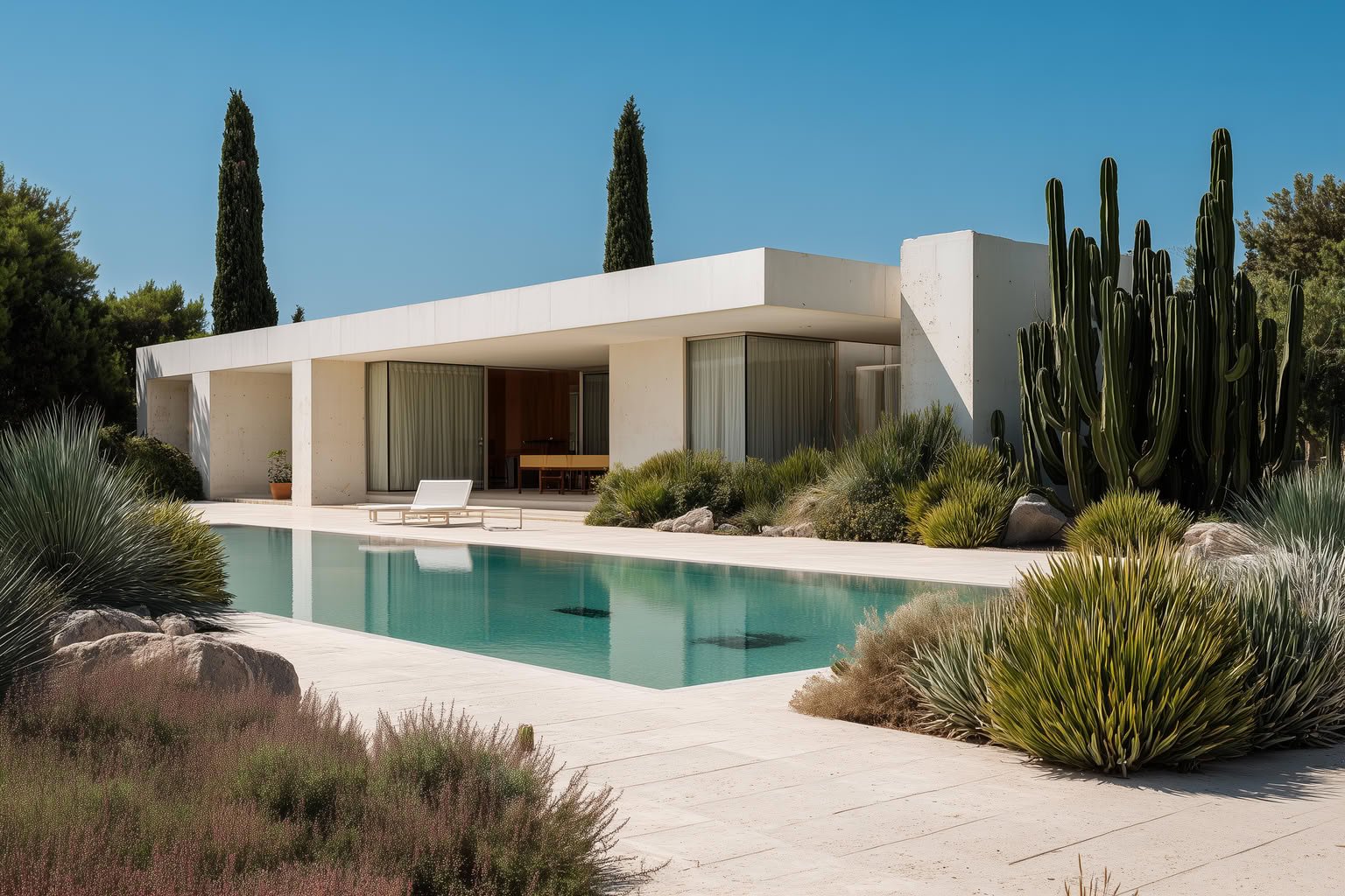 Modern white house with a flat roof, large windows, a long turquoise swimming pool, and desert-style plants under a clear blue sky.