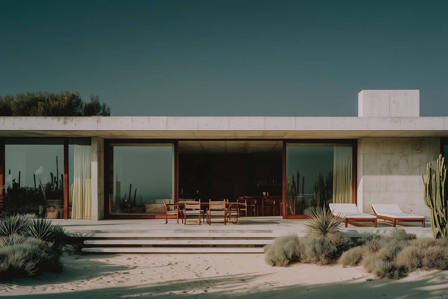Minimalist concrete house on sand with large glass, outdoor furniture, and cacti.