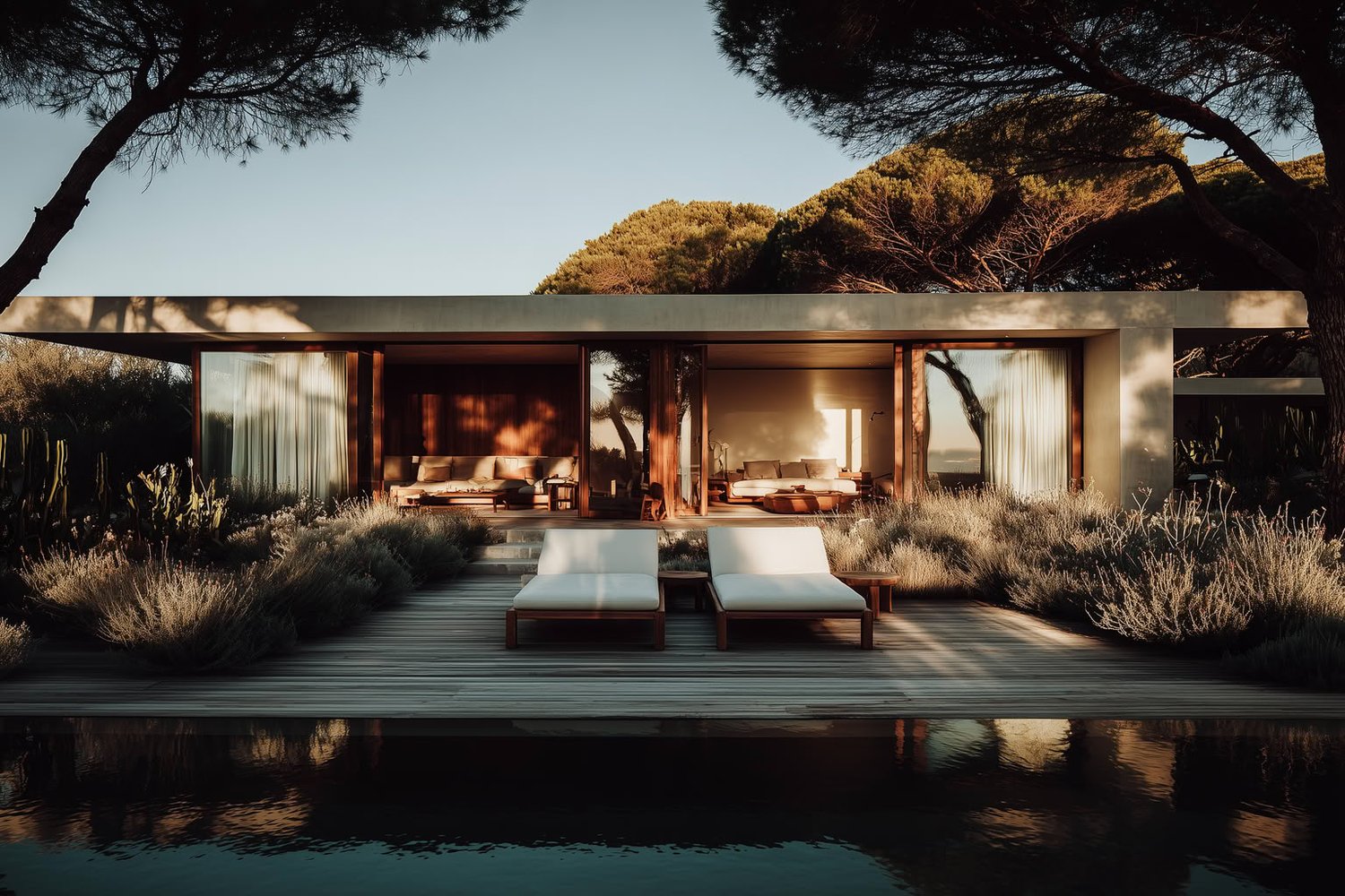 Modern house with glass walls, wood deck, lounge chairs, and reflective pool at golden hour.