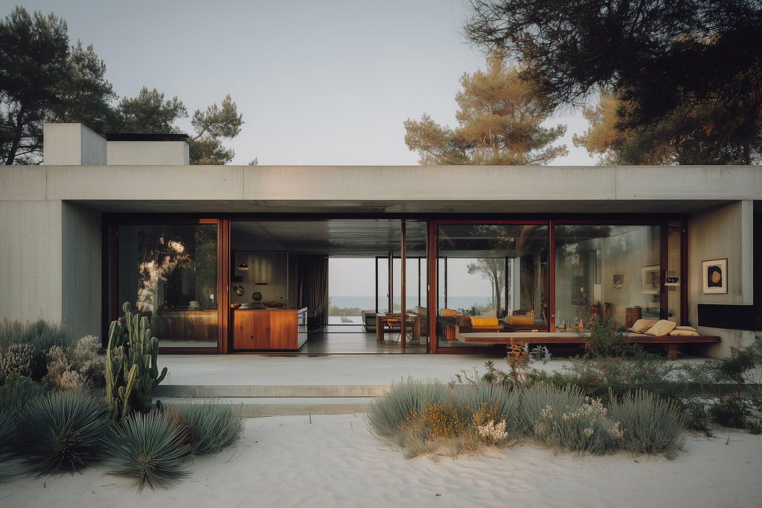 Modern concrete house with large glass doors, warm wood interiors, and beach-style landscaping.