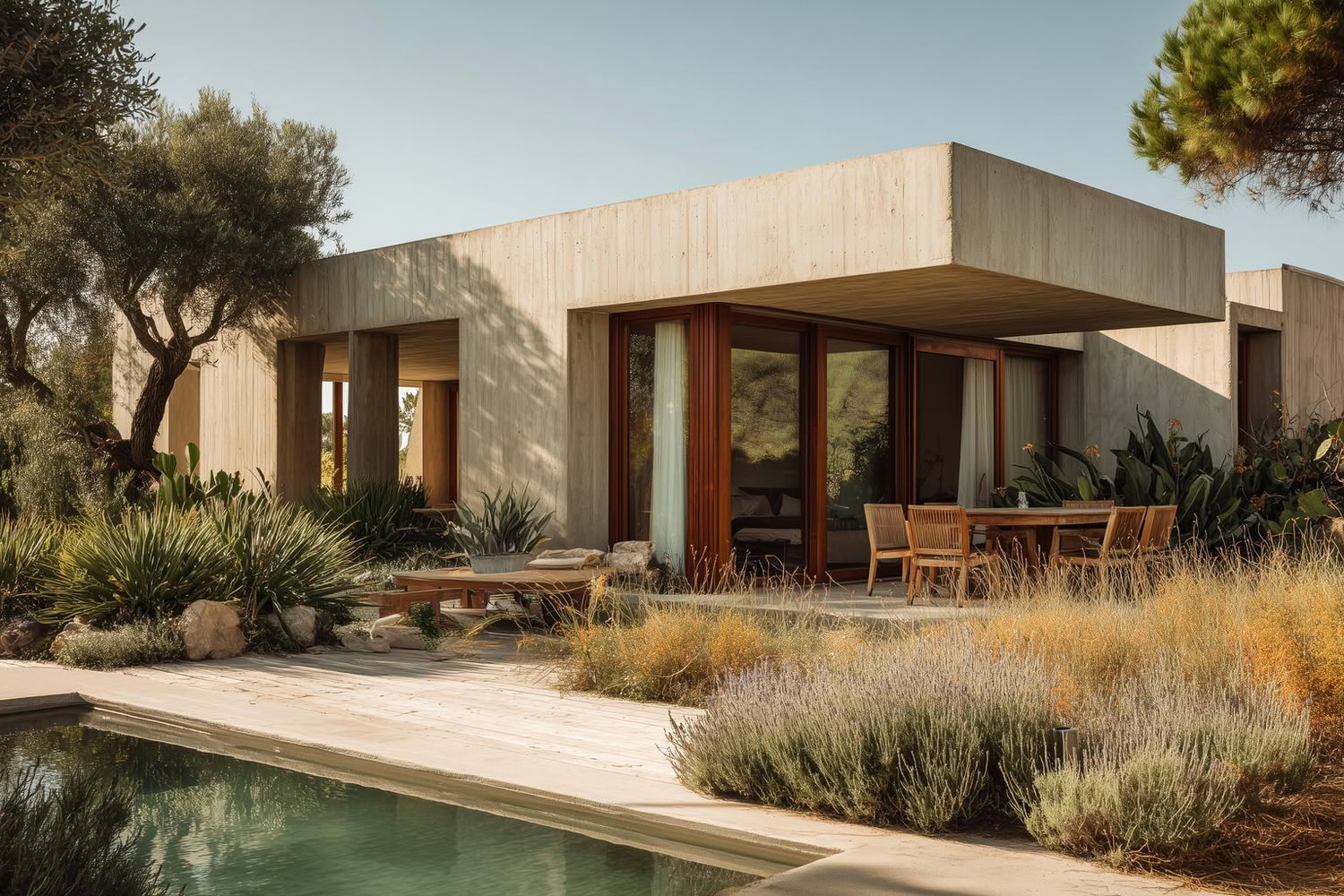 A modern concrete home with floor-to-ceiling wood-framed glass doors, an outdoor dining area, and a pool.
