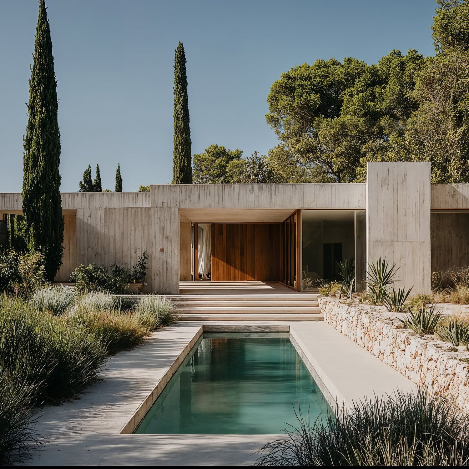 Modern concrete house with a swimming pool, cypress trees, and minimalist landscaping under clear sky.