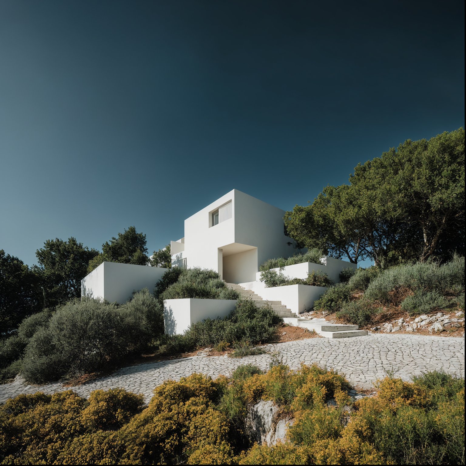 Minimalist white multi-level house on a lush hillside with a cobbled path and clear blue sky.