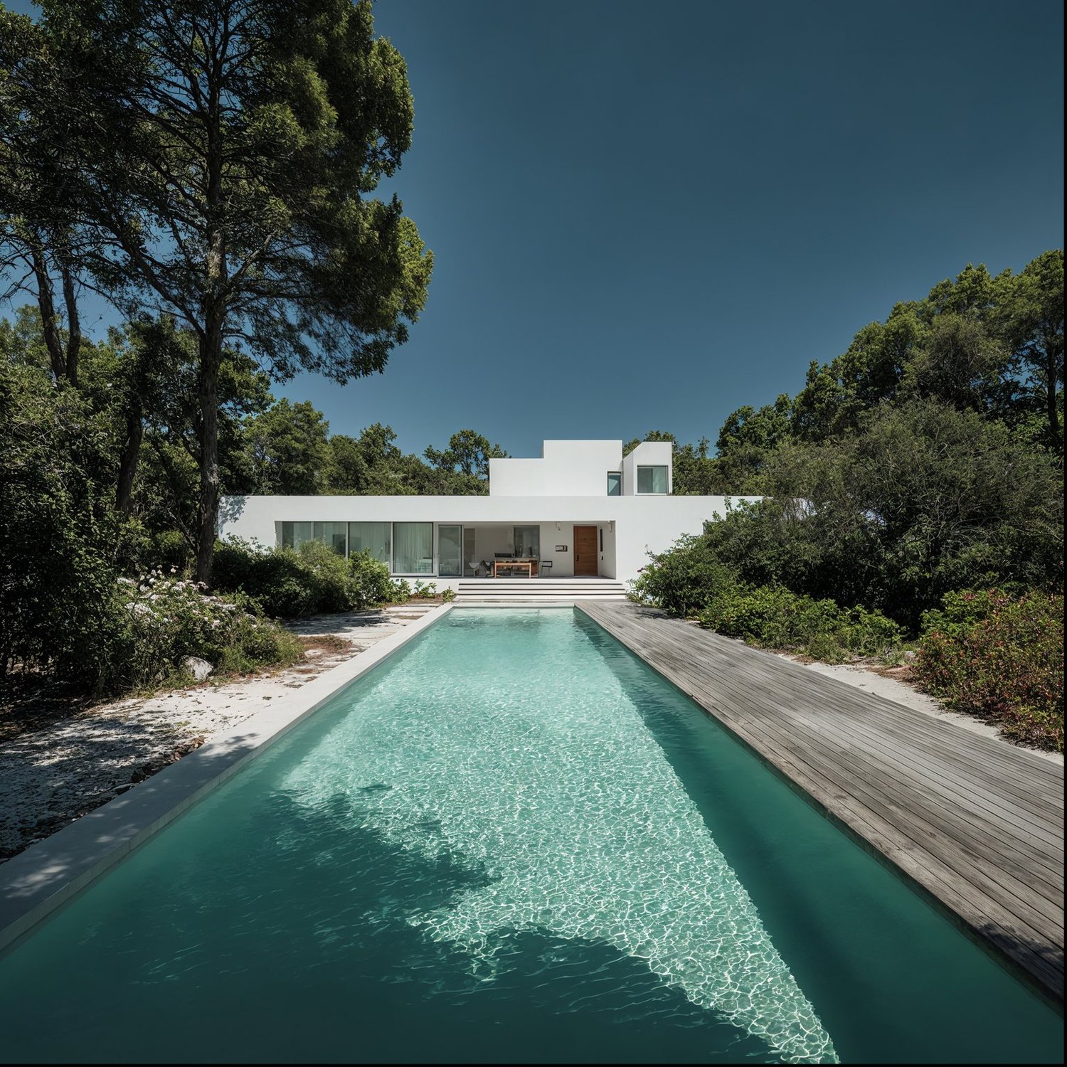 Modern white house with flat roof, long pool, and wooden deck surrounded by trees.