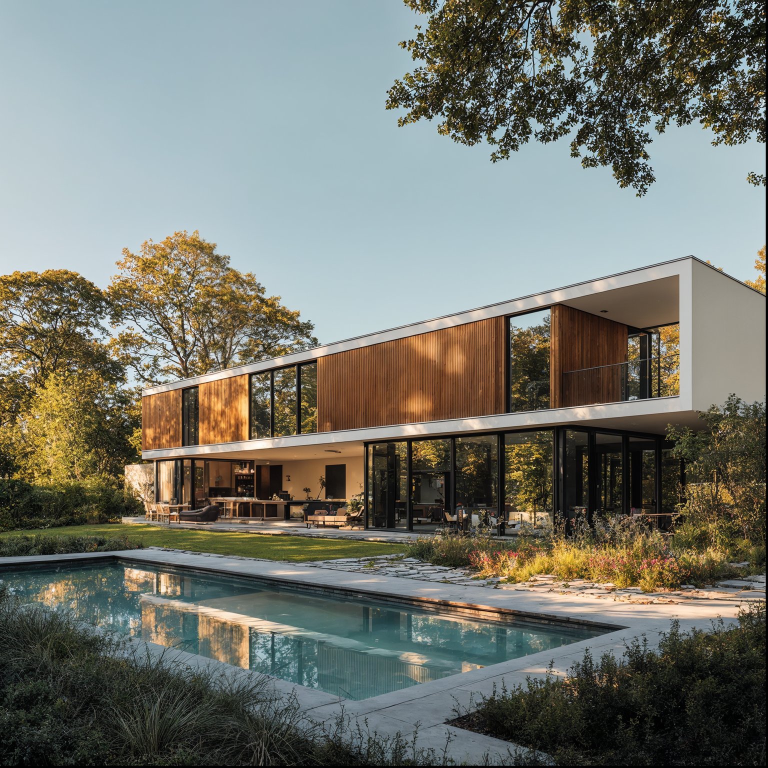 Modern home with warm wood, white facade, glass, large pool, and lush gardens.