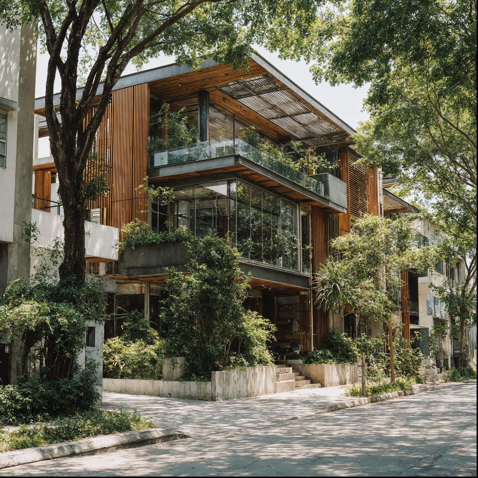 Modern building with wood cladding, large glass windows, and abundant green plants.