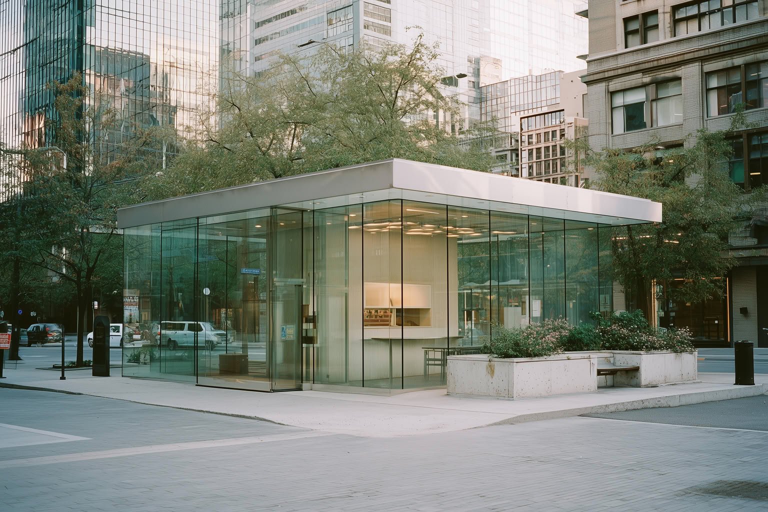 Modern glass pavilion in an urban plaza with reflections of surrounding buildings and trees.