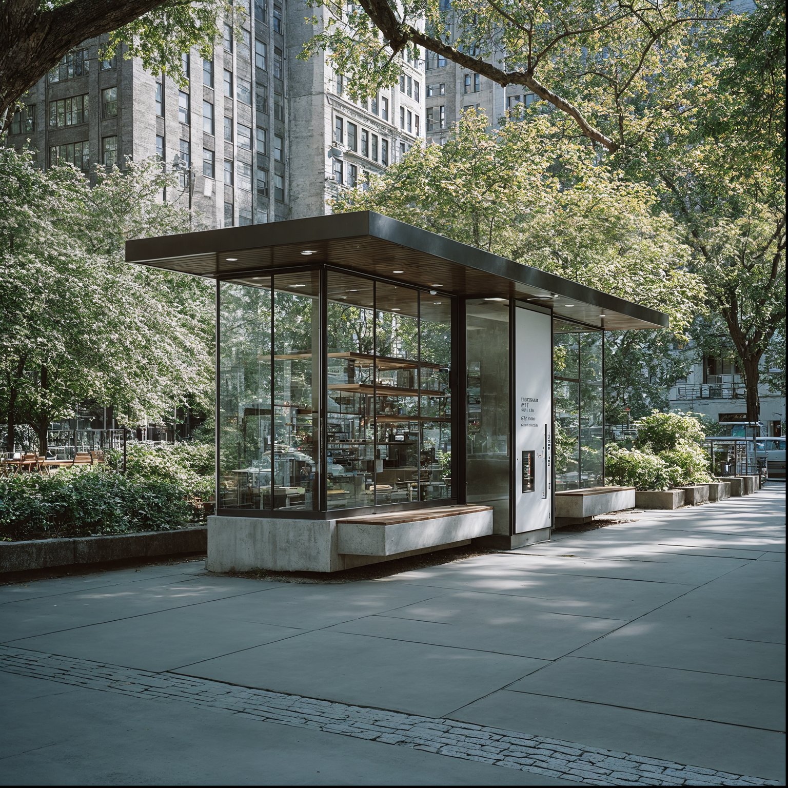 Modern glass pavilion with dark roof and concrete base, surrounded by trees and urban buildings.
