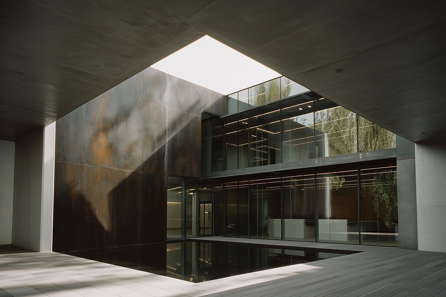 Modern courtyard with a reflecting pool, large skylight, rusted metal wall, and glass-paneled facades.