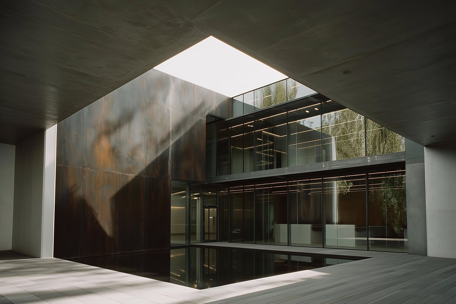 Modern courtyard with a reflecting pool, large skylight, rusted metal wall, and glass-paneled facades.