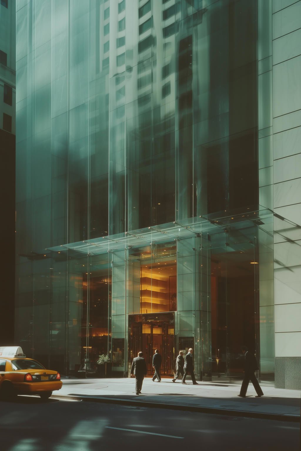 Modern glass building facade with warm interior light, people walking on sidewalk, and a yellow taxi.