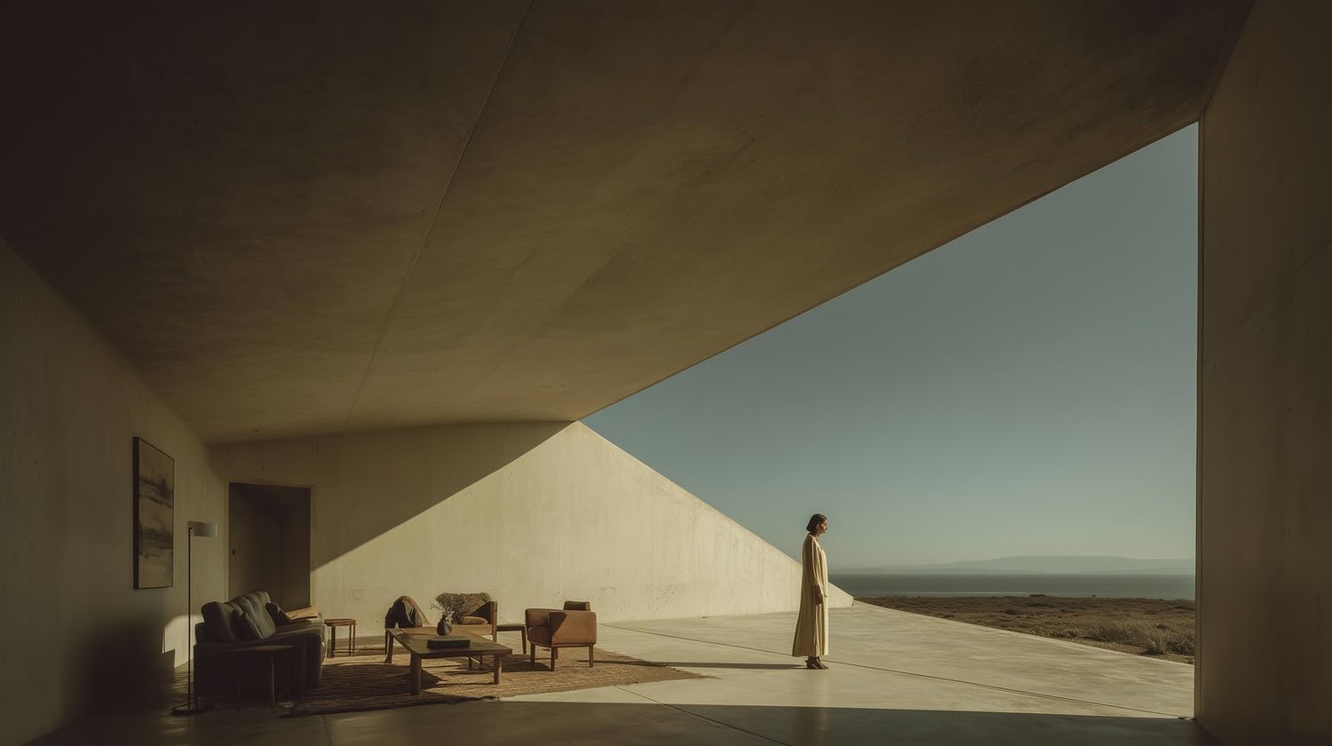 An open-plan concrete room with minimalist furniture and a woman looking out at a wide ocean view.