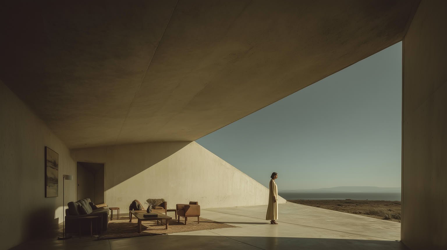 An open-plan concrete room with minimalist furniture and a woman looking out at a wide ocean view.