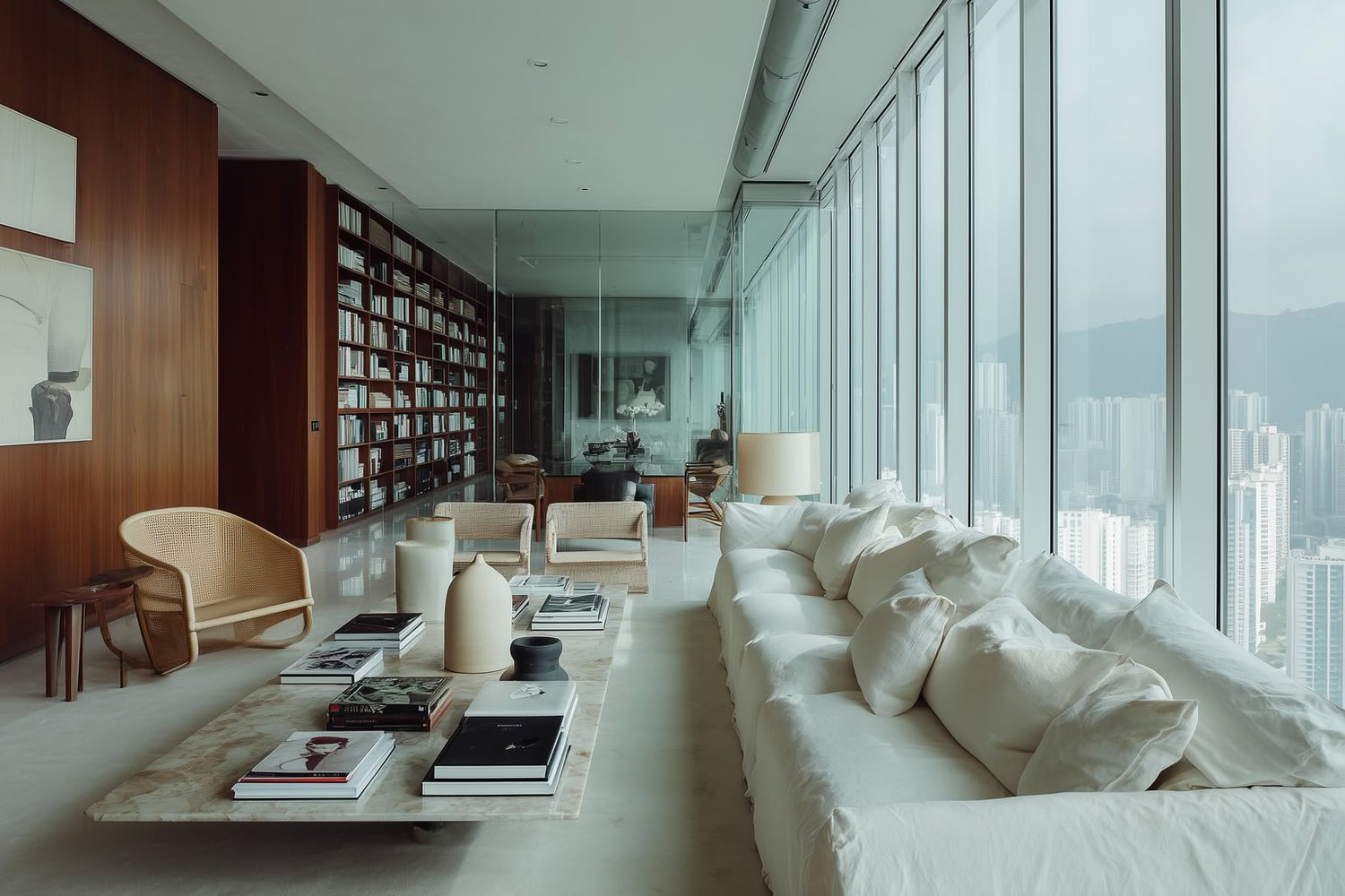 Modern minimalist living room with wood panels, white sofa, and city views through glass windows.
