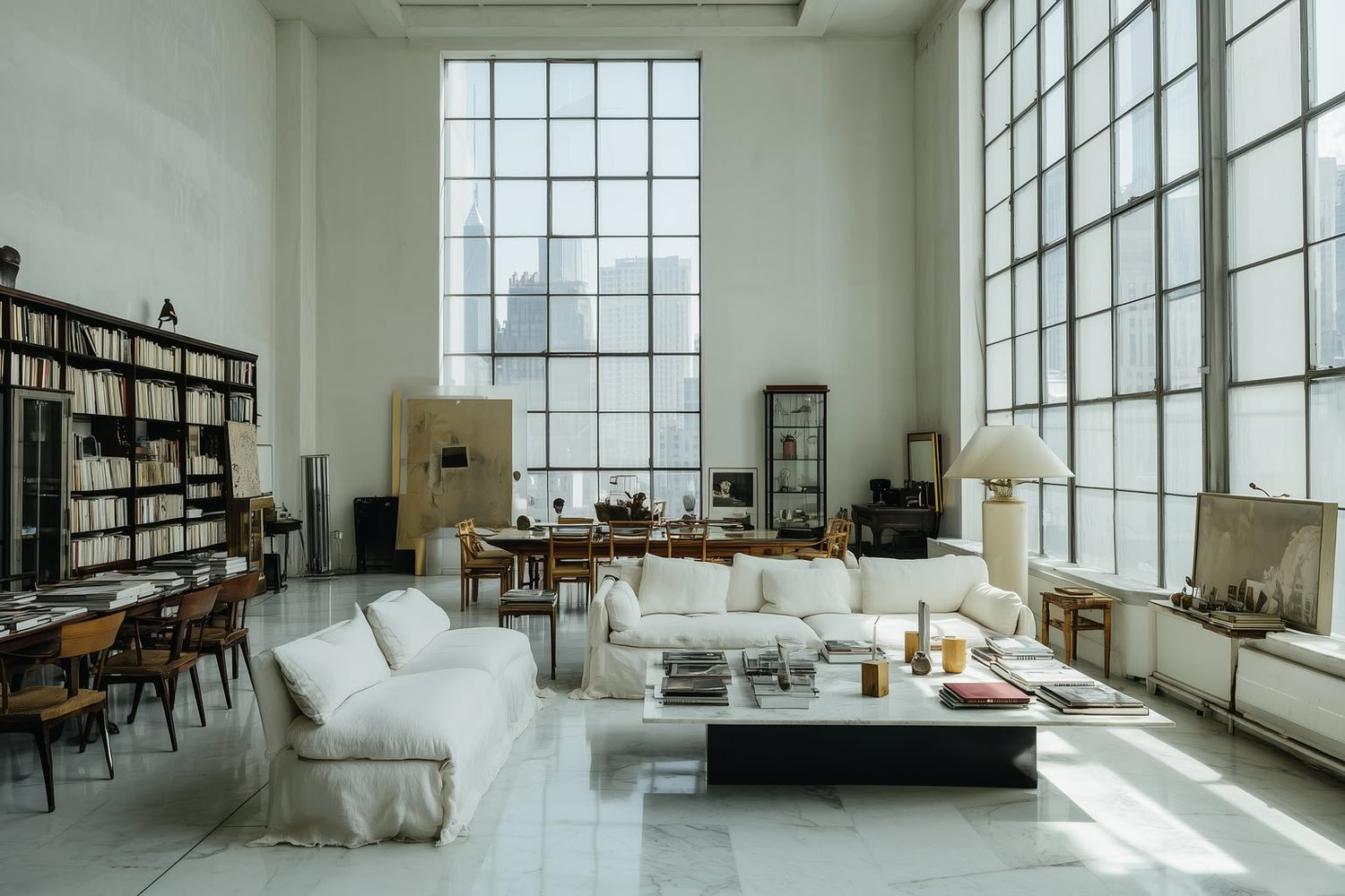 A bright, open-plan room with high ceilings, white sofas, a large library, and immense grid windows overlooking a city.