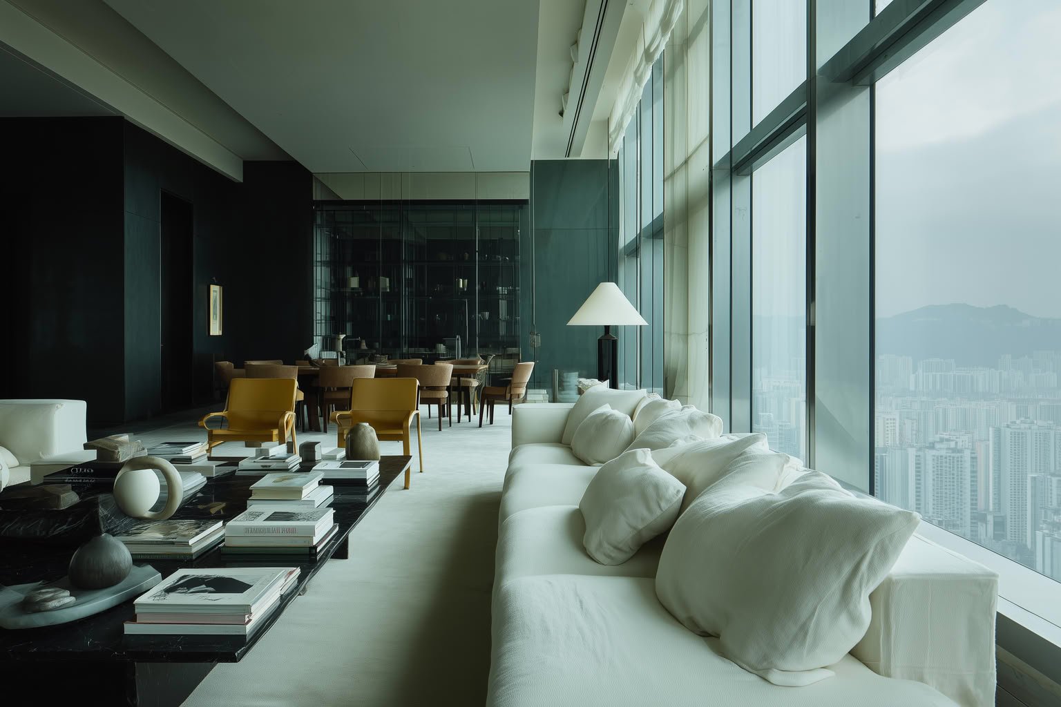A modern minimalist high-rise living room with white sofa, dark coffee table, dining area, and city views through floor-to-ceiling windows.