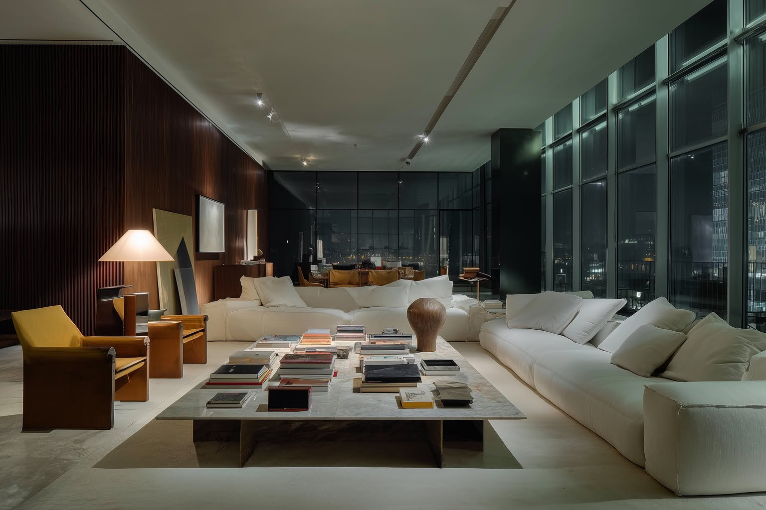 Sleek modern living room with white sofas, marble table, wood wall, and nighttime city view.