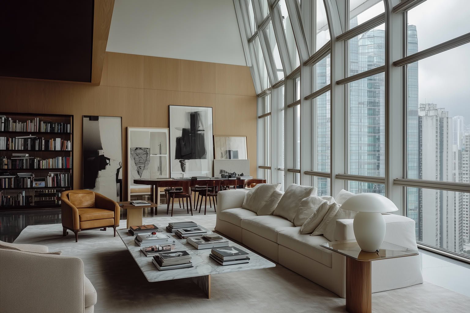 A modern living room with floor-to-ceiling windows overlooking a city, featuring a white sofa, marble coffee table, and wood-paneled walls.