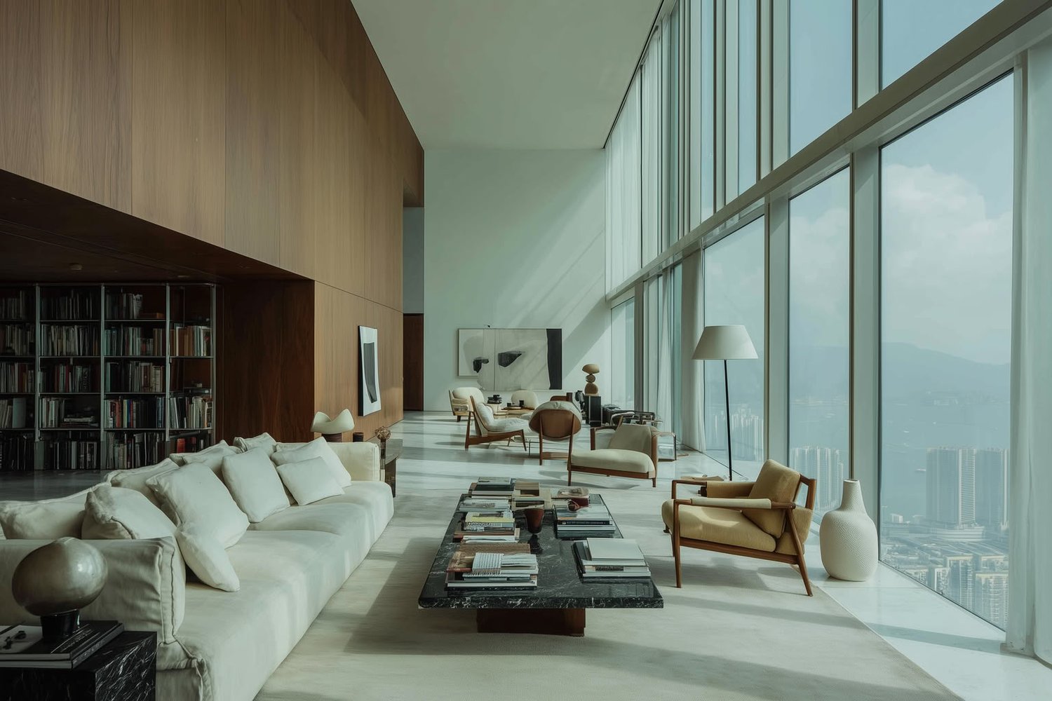 Modern living room with high ceilings, warm wood walls, white sofas, minimalist furniture, and floor-to-ceiling city views.