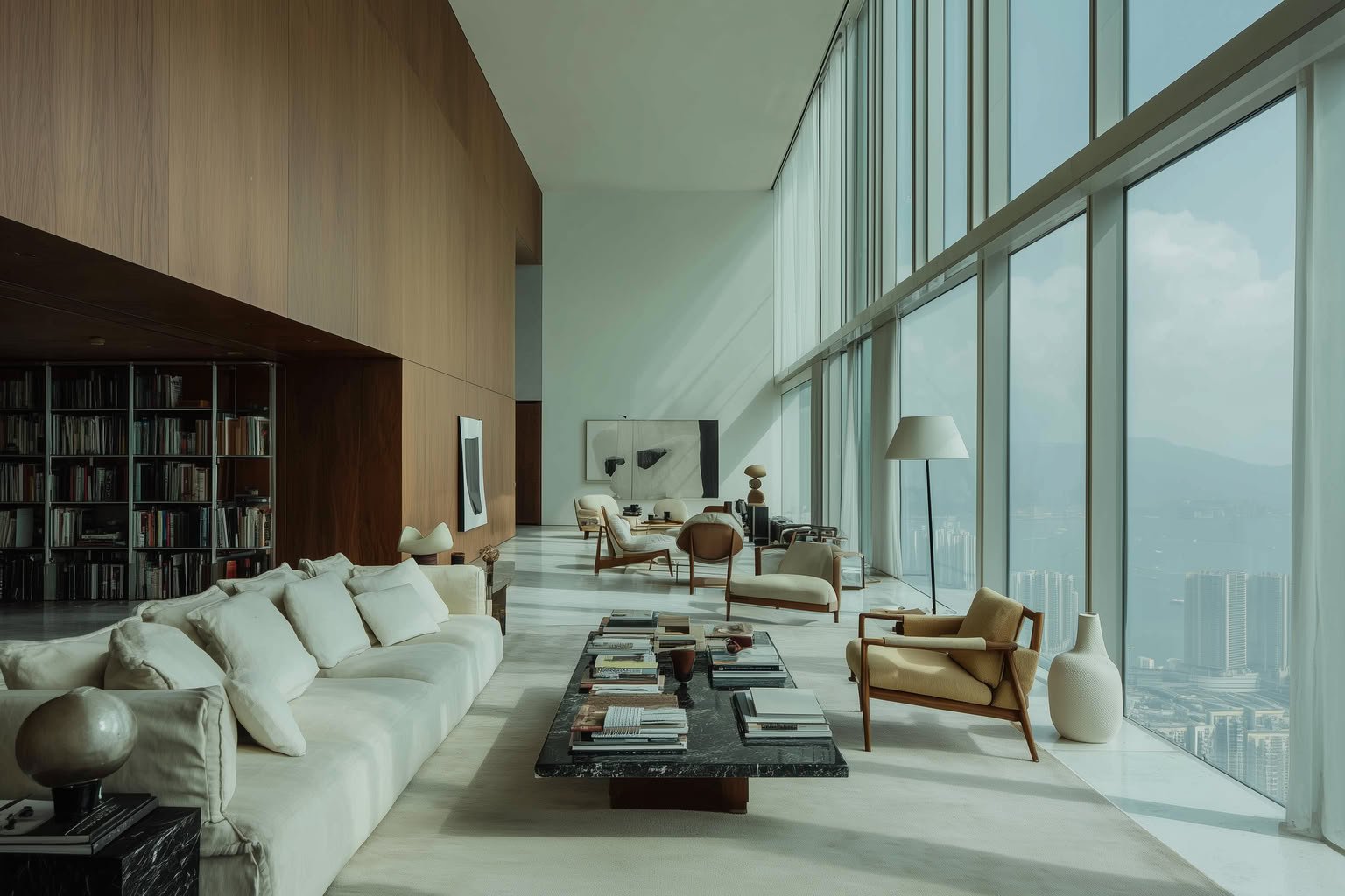 Modern living room with high ceilings, warm wood walls, white sofas, minimalist furniture, and floor-to-ceiling city views.