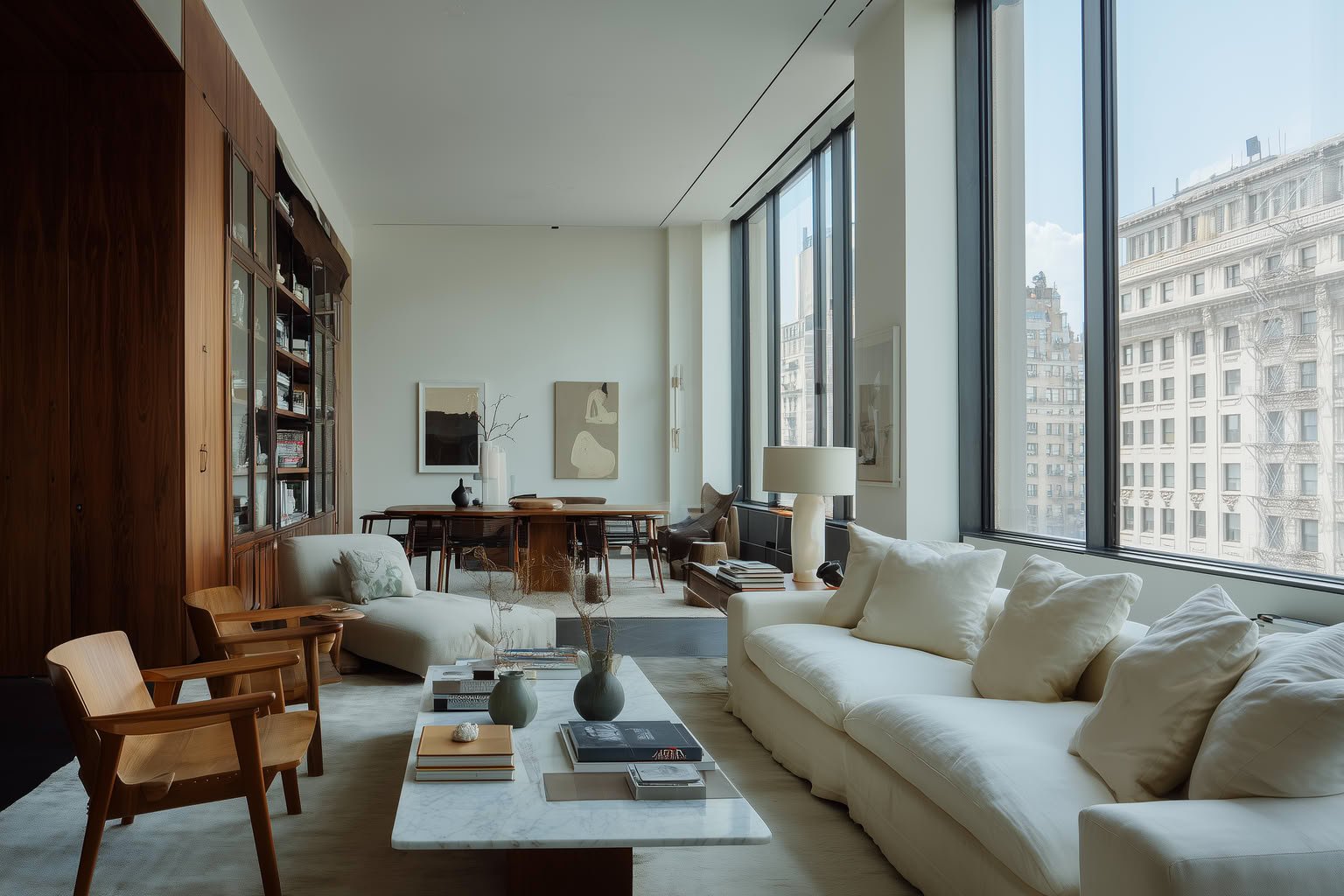 Modern living room with large windows, white sofas, wood cabinetry, and minimalist decor.