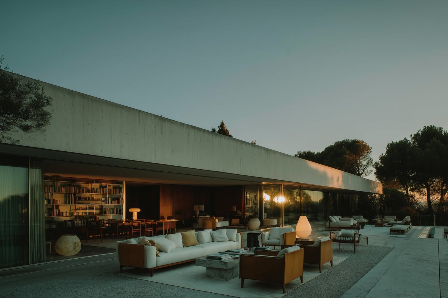 Modern concrete house with glass walls, patio furniture, and warm sunset light.