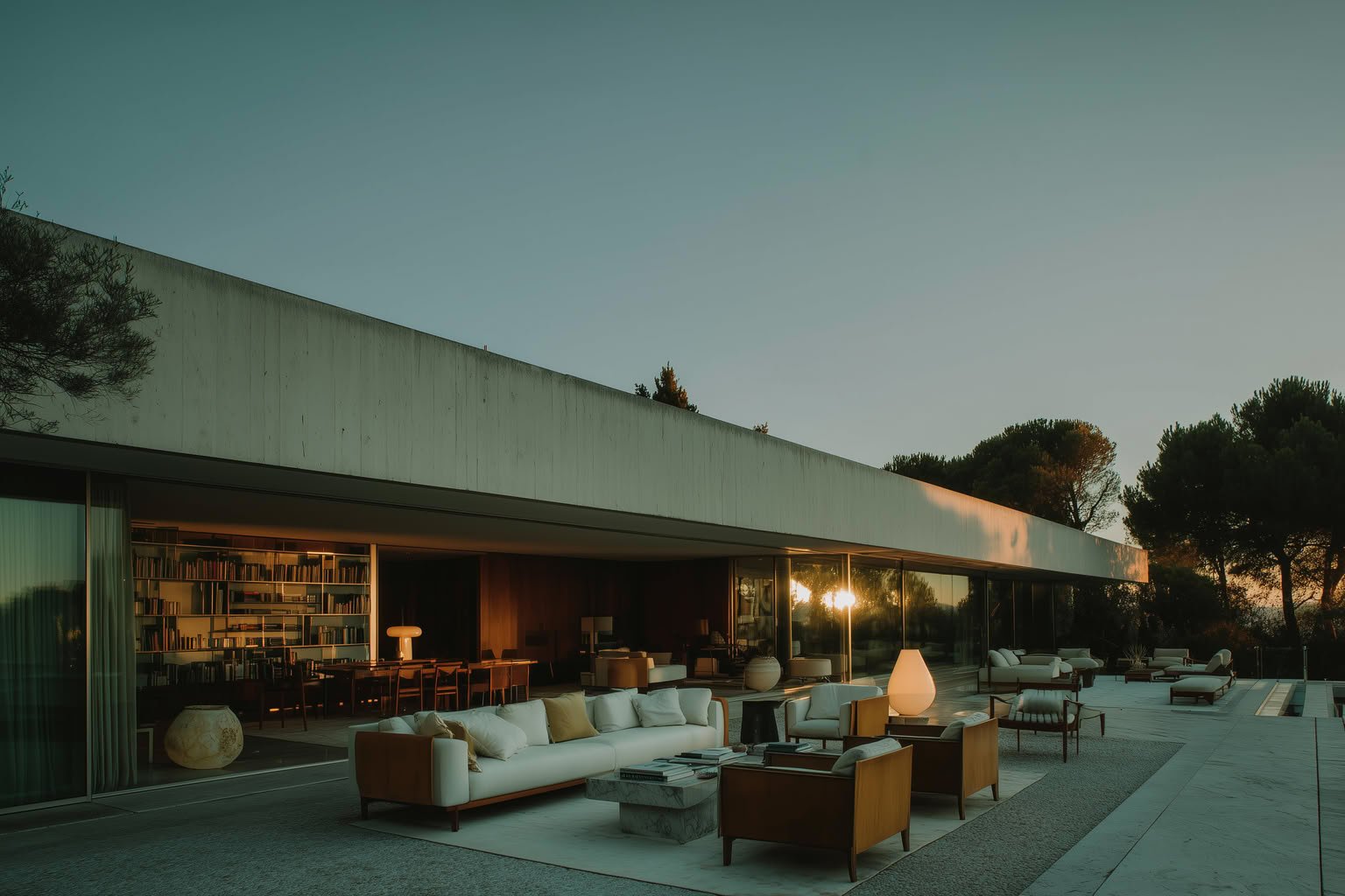 Modern concrete house with glass walls, patio furniture, and warm sunset light.