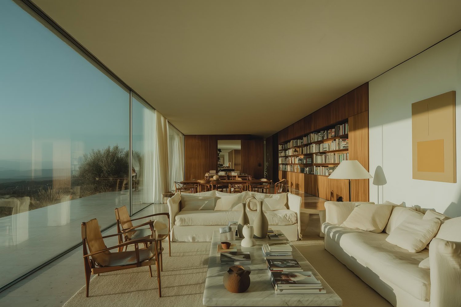 Bright modern living room with floor-to-ceiling windows, white furniture, and warm wood tones.