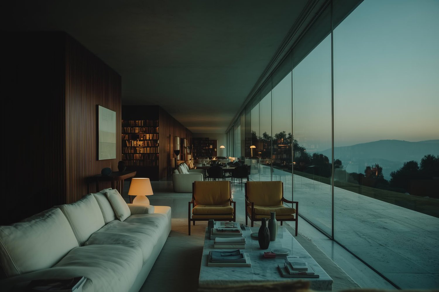 Modern living room with floor-to-ceiling glass, warm interior lights, and mountain views at dusk.