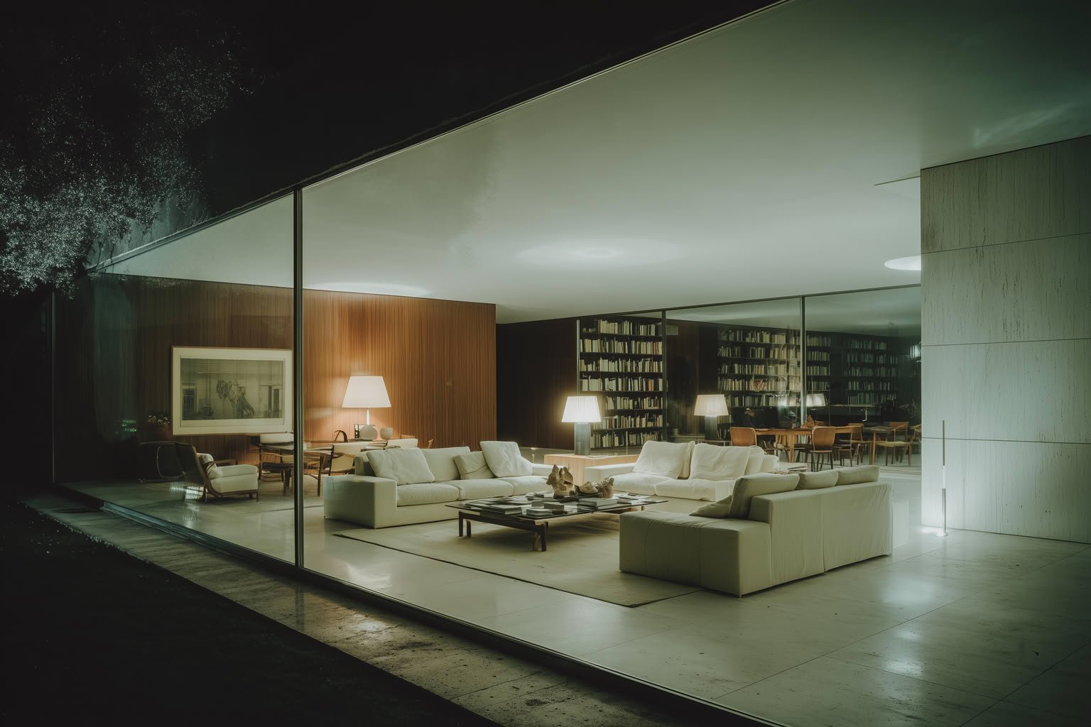 Modern living room with glass walls, warm wood, white sofas, and illuminated bookshelves.